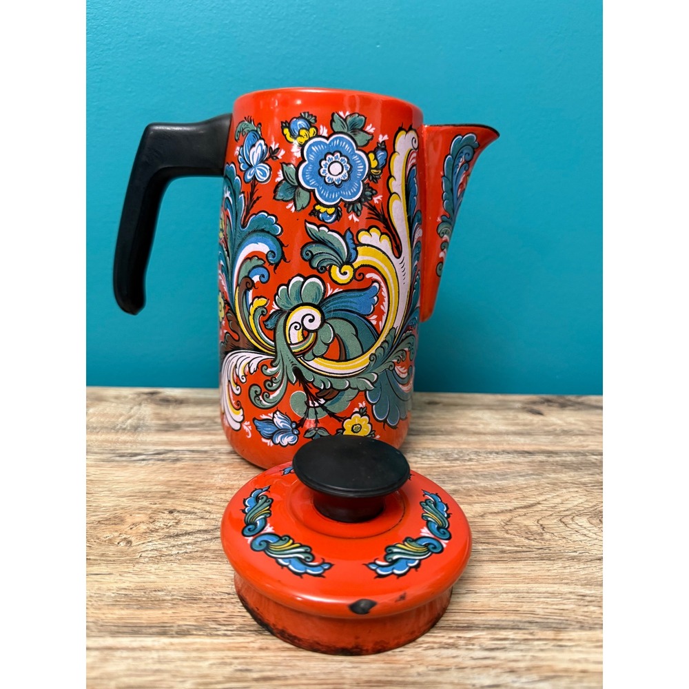 Scandinavian Vintage Coffee Pot Orange Floral Enamelware Retro Boho MCM Carafe - Picture 3 of 8